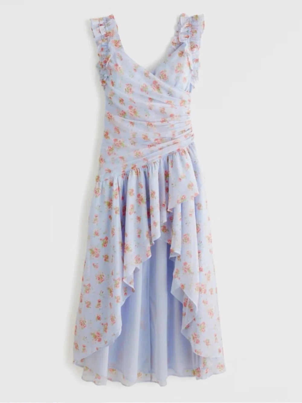 Abercrombie & Fitch Floral High-Low Ruffle Maxi Dress Blue Pink